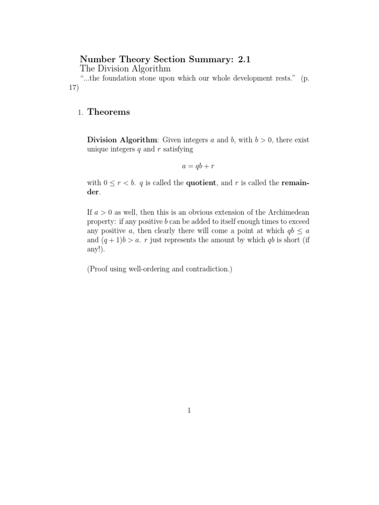 The Division Algorithm: Number Theory Section Summary: 2.1 | PDF