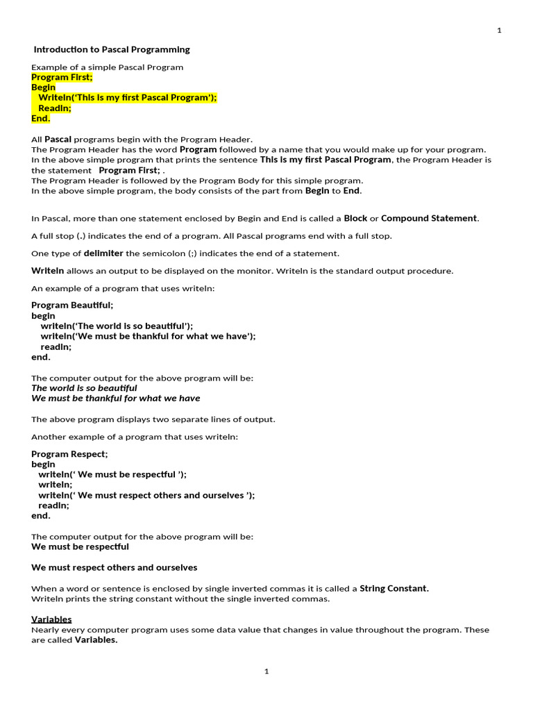 Introduction to Pascal Programming | PDF | Variable (Computer Science ...