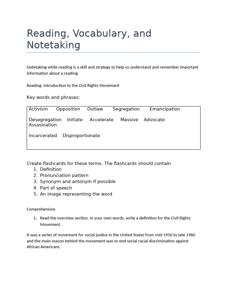 Civil Rights Movement: Reading & Notetaking Guide | PDF | Society Of ...