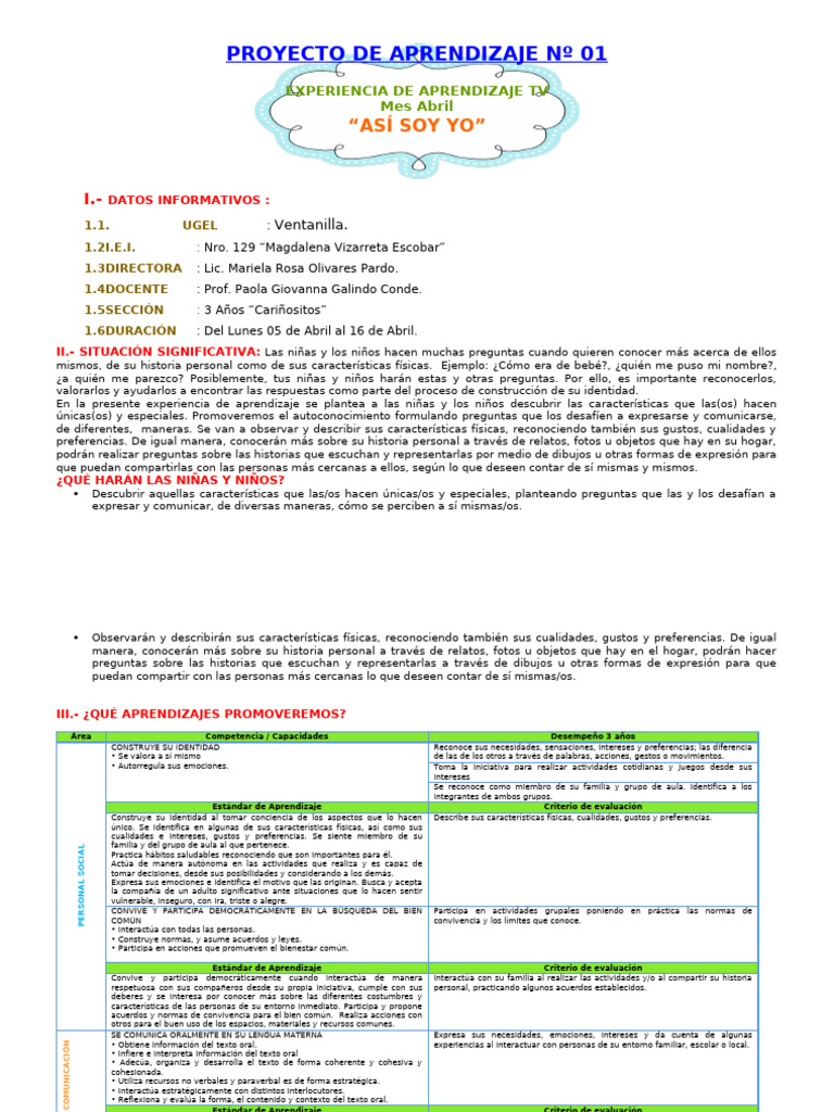 Proyecto de Aprendizaje: "Así Soy Yo" | PDF | Aprendizaje | Las emociones