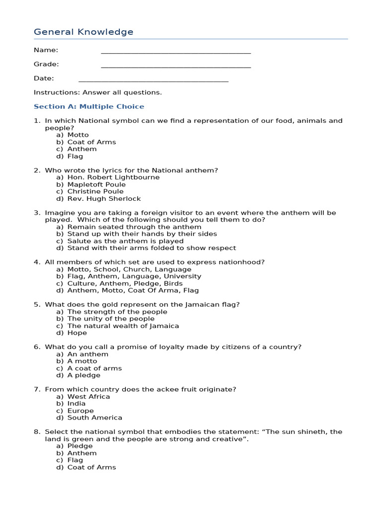 JDF General Knowledge Test Overview | PDF | Jamaica