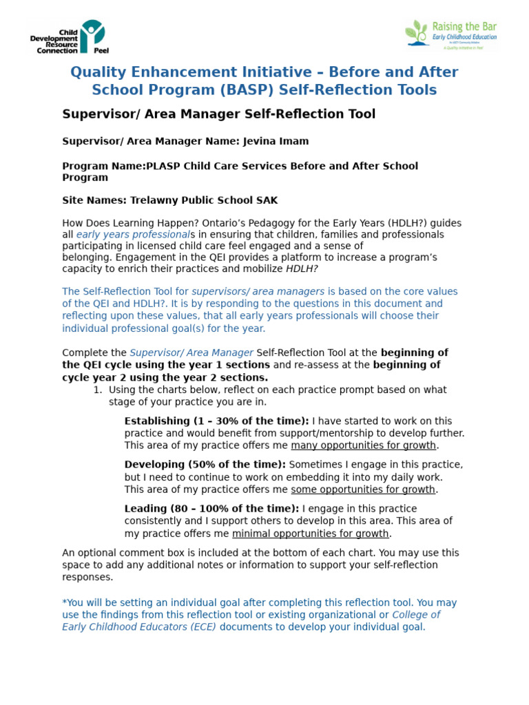 QEI BASP Supervisor - Area Manager Self - Reflection Tools - JImam ...