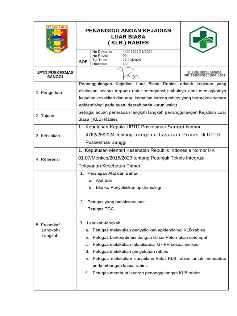 SOP Penanggulangan KLB Rabies | PDF
