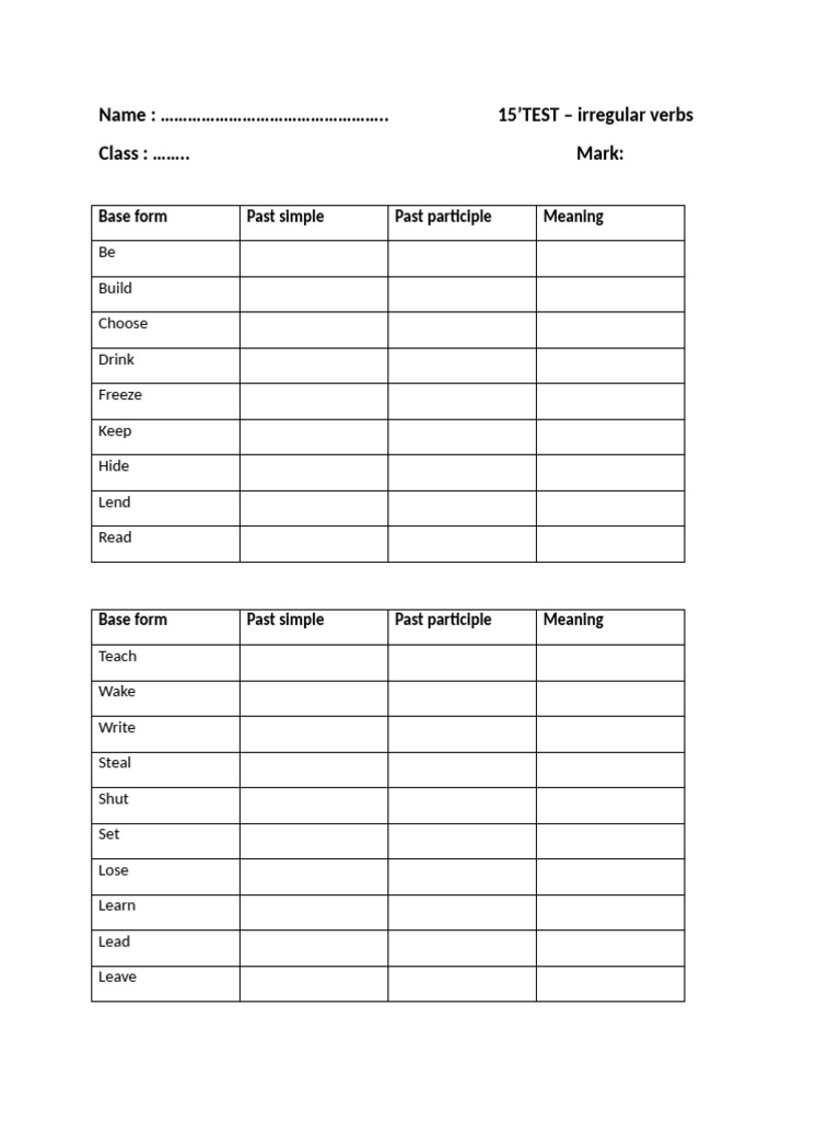 Irregular Verbs Test Worksheet | PDF