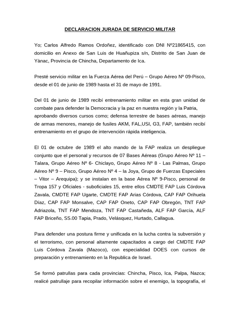 Declaración Jurada de Servicio Militar FAP | PDF | Perú | Militar