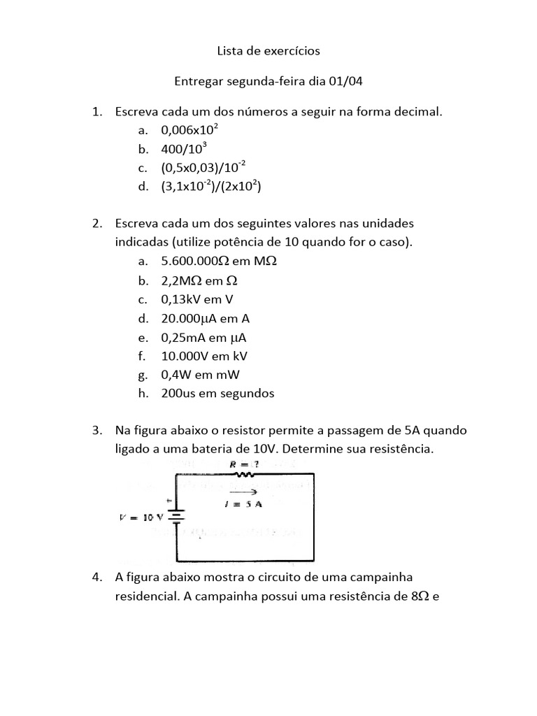 Lista de exercícios lei de ohm e potencia de 10-4 | PDF | Rede elétrica ...