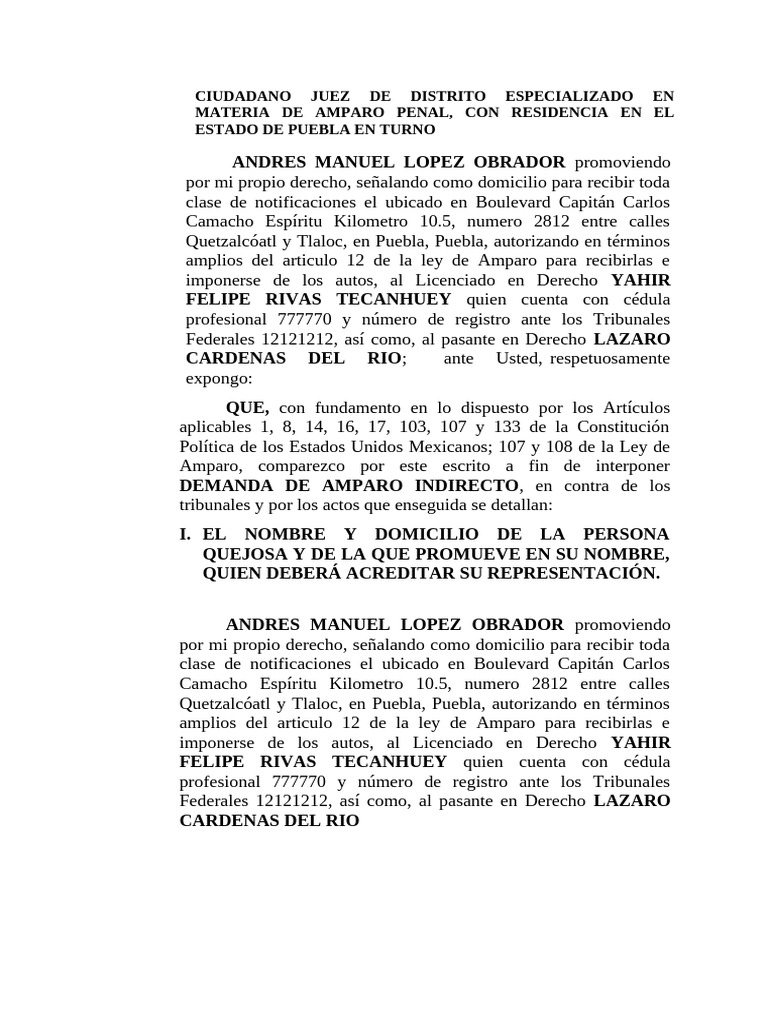 Demanda de Amparo Indirecto en Puebla | PDF | Violación | Ley Pública