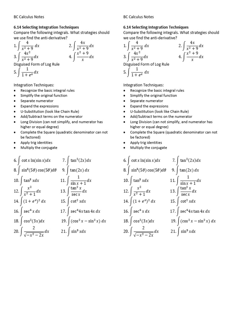 Integration Techniques for BC Calculus | PDF | Algebra | Mathematics