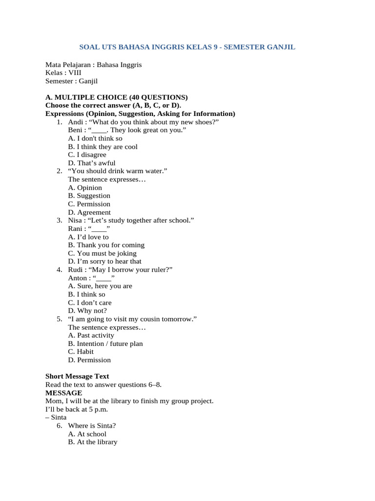 UTS English Exam for 9th Grade Semester 1 | PDF