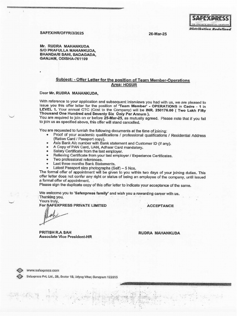 Offer Letter - Rudra Mahankuda 1 | PDF