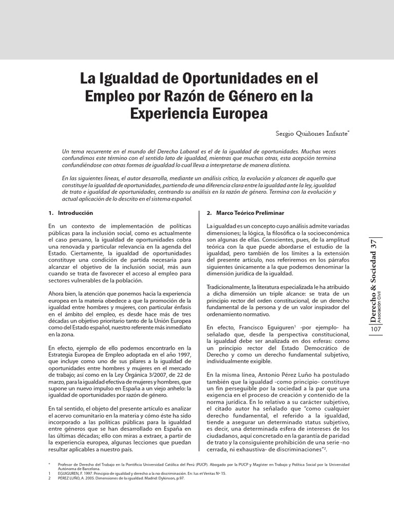 La Igualdad de Oportunidades en El Empleo Por Razón de Genero en Europa ...