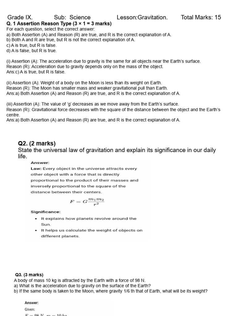 Class Test Gravitation Answer Key | PDF | Gravity | Weight