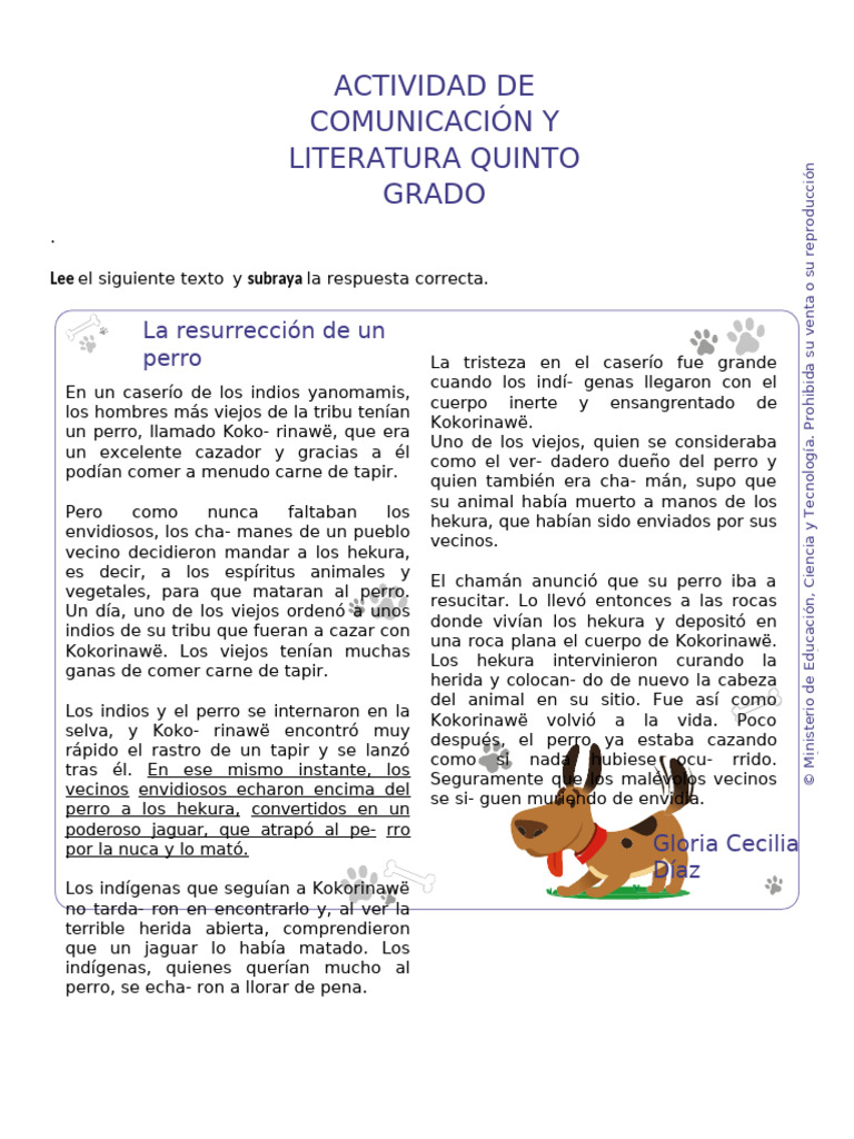 Actividad de Comunicación y Literatura Quinto Grado | PDF | Perros
