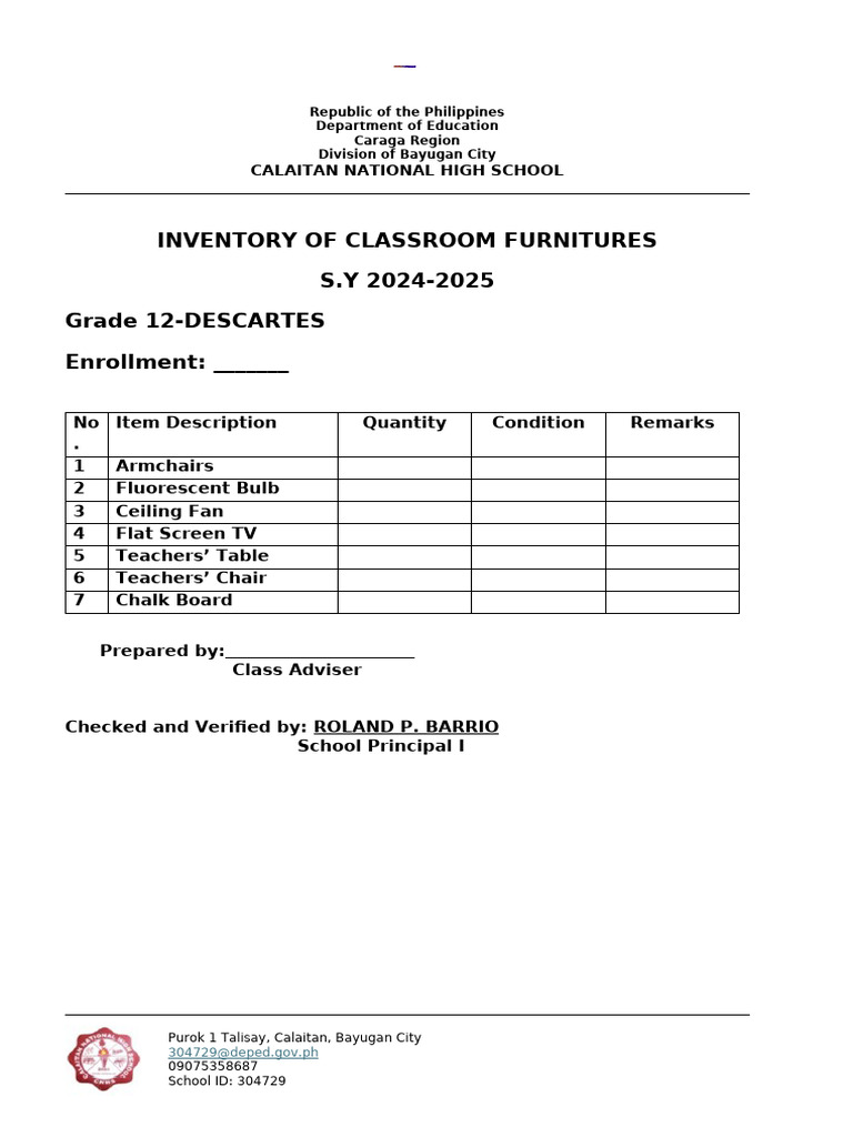 Classroom Furniture Inventory 2024-2025 | PDF