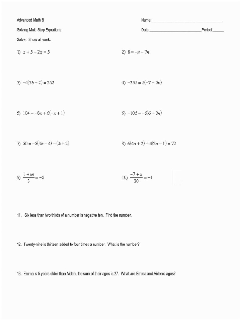 7th Solving Multi-Step Equatatons Advanced) Review | PDF