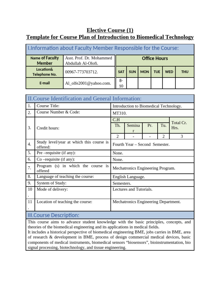 Biomedical Technology Course Plan | PDF | Biomedical Engineering