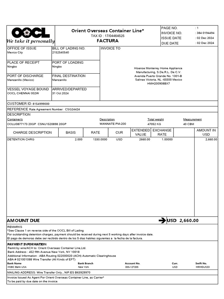 OOCL Invoice 384: Detention Charges Notice | PDF | Wire Transfer | Payments