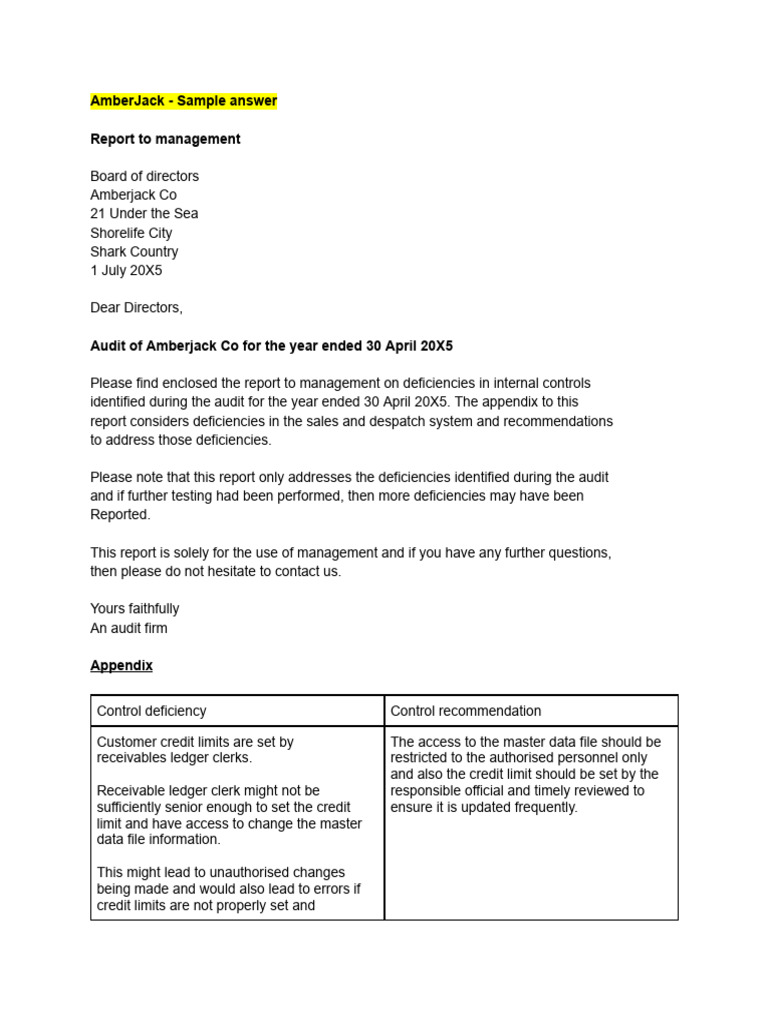 Amberjack - Sample Answer Report To Management | PDF | Business