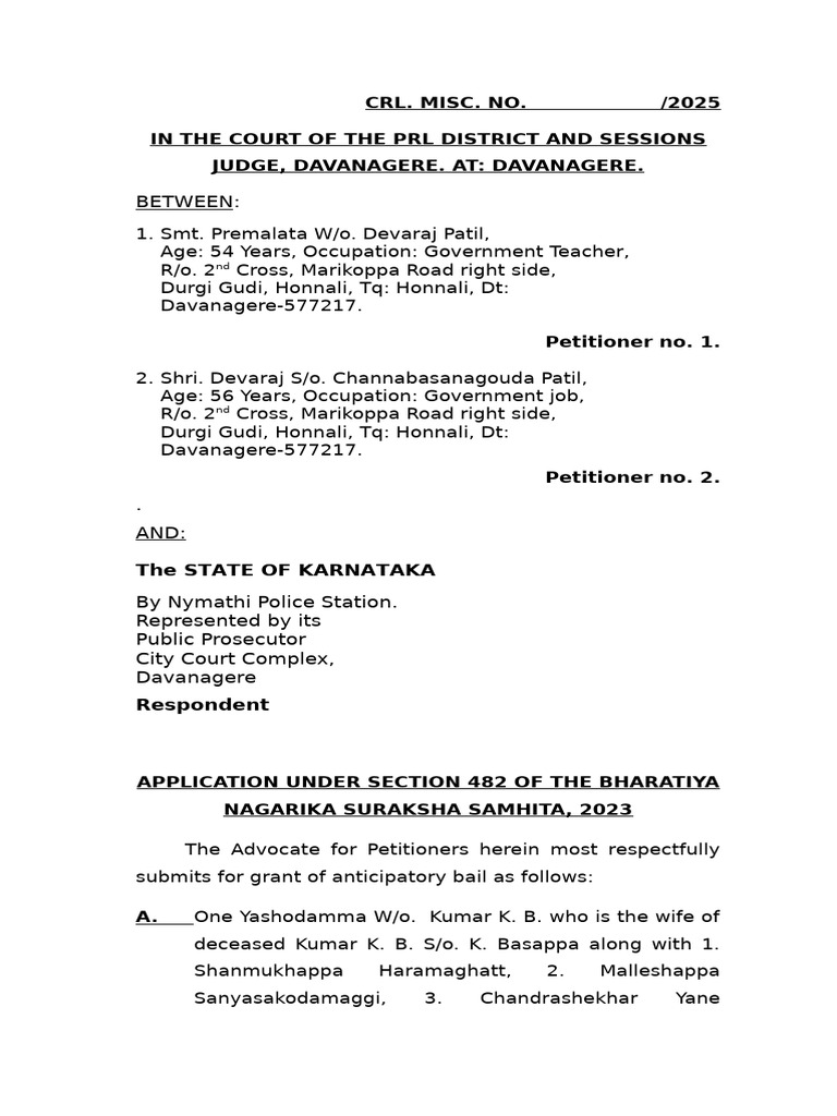 Anticipatory Bail Application in Davanagere | PDF | Bail | Arrest