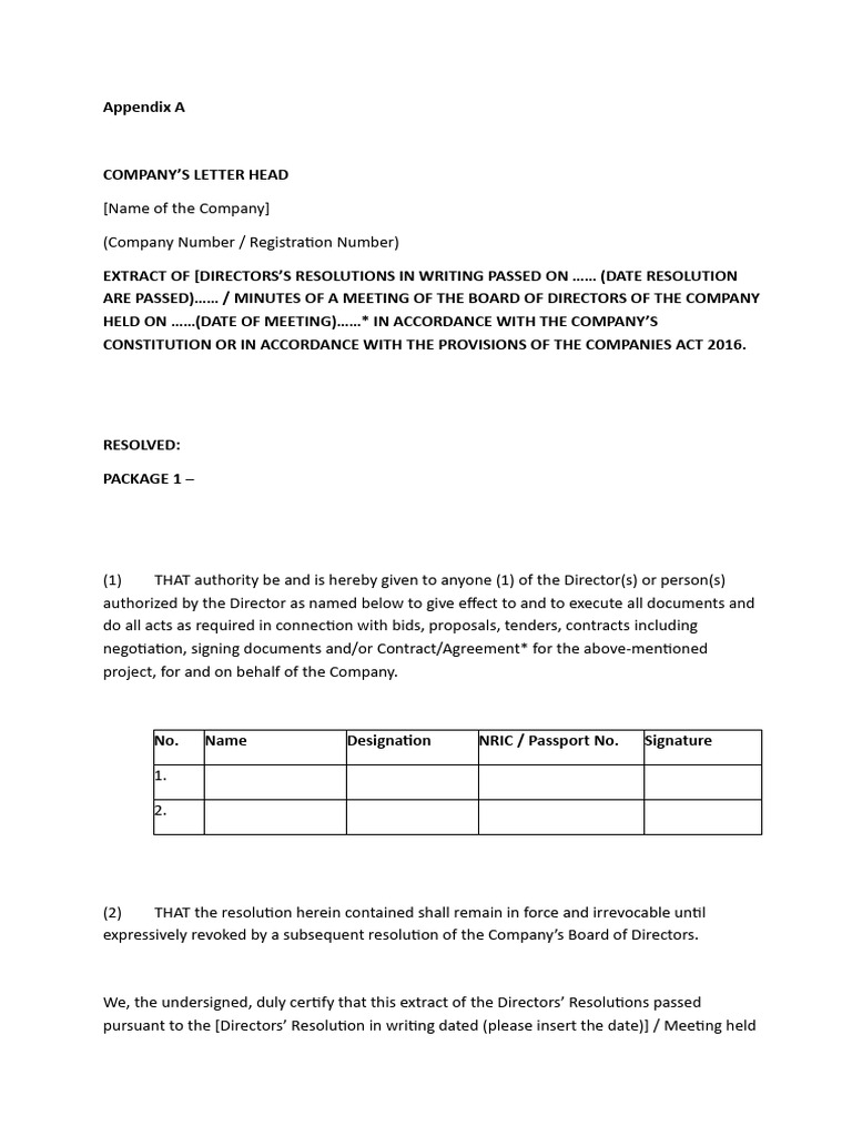 Directors' Resolutions Extract Template | PDF
