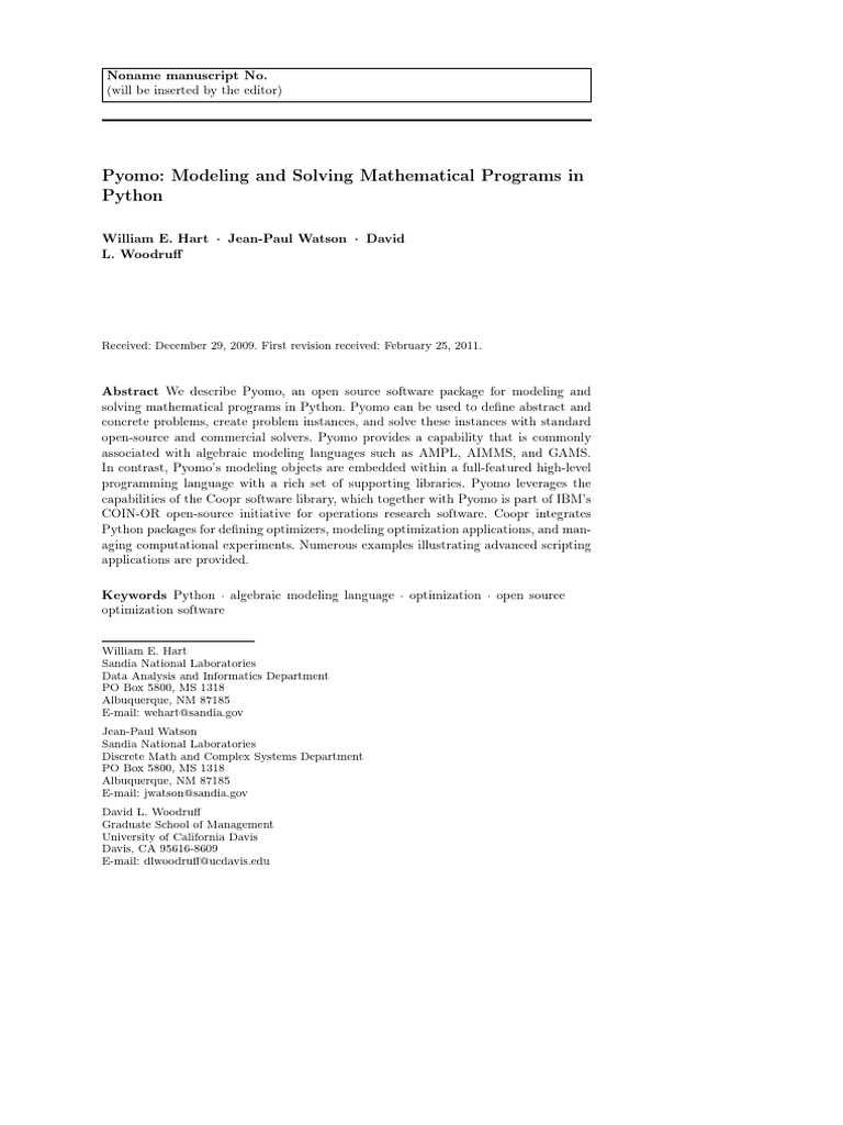 Pyomo: Python Optimization Modeling Tool | PDF | Python (Programming ...