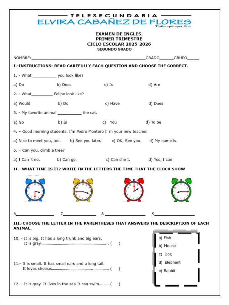 Examen de Inglés Segundo Grado 2025-2026 | PDF