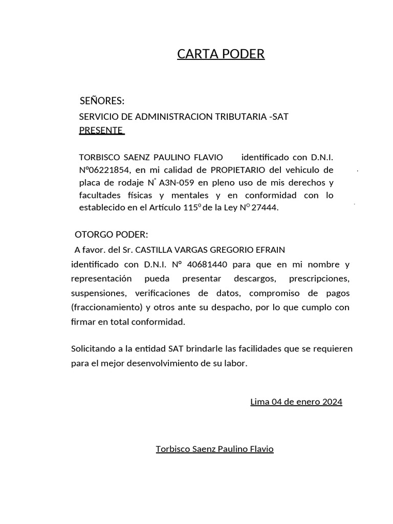 Carta Poder para Representación SAT | PDF