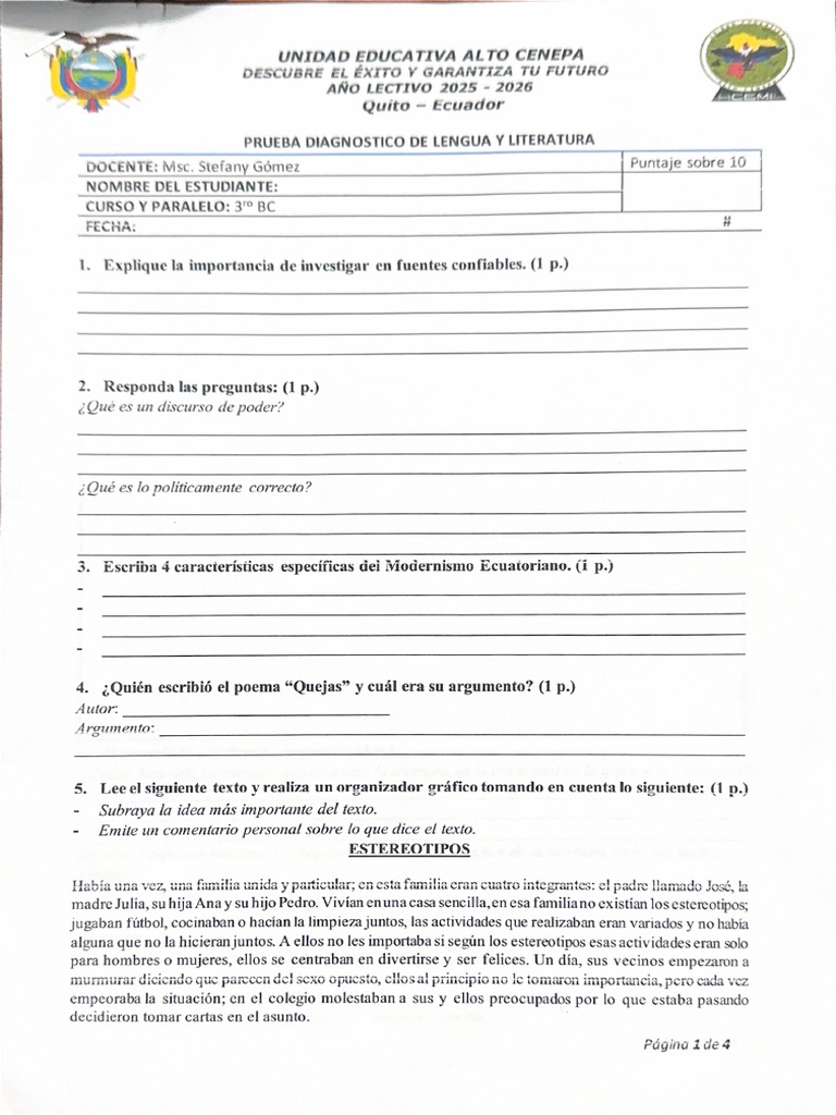 Prueba Diagnóstica 3BC | PDF