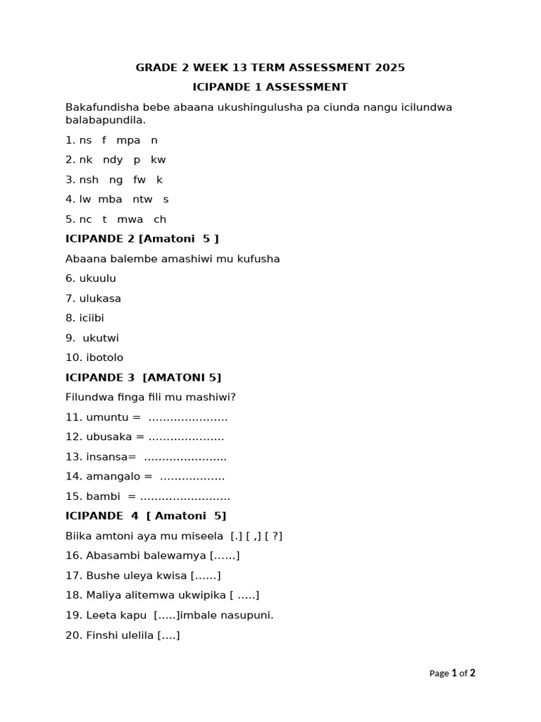 Grade 2 Term Assessment Week 13 | PDF