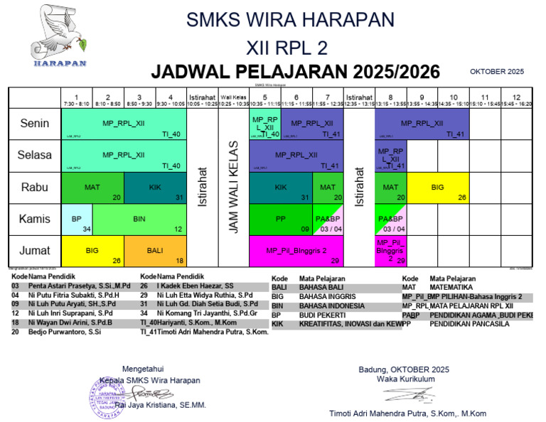 Jadwal Pelajaran RPL XII SMKS 2025/2026 | PDF