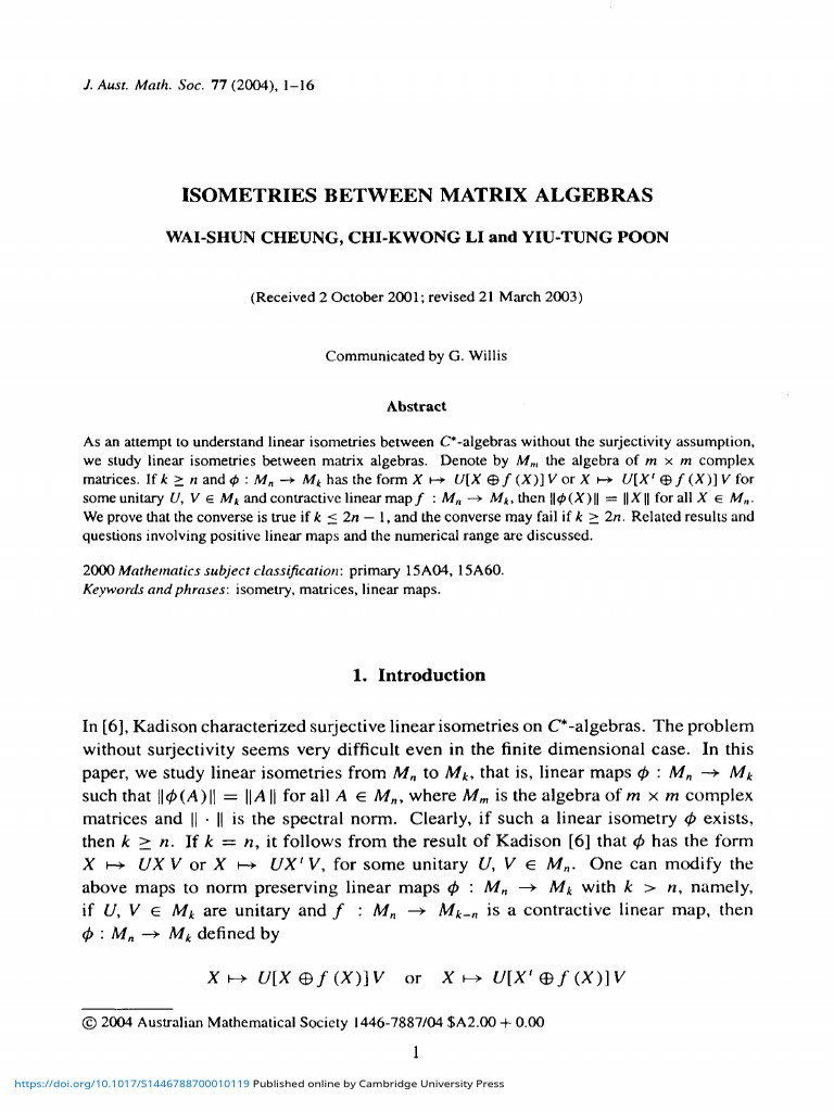 2004, Isometries Between Matrix Algebras | PDF | Matrix (Mathematics ...