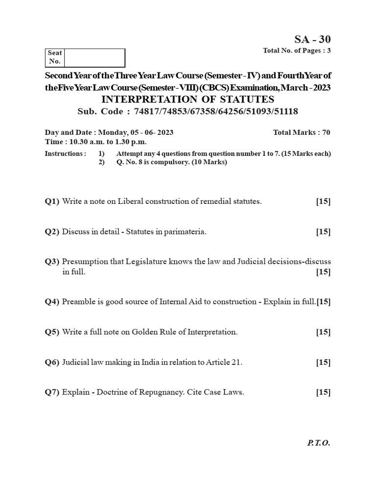 Interpretation of Statutes Exam Guide | PDF | Common Law | Statutory Law