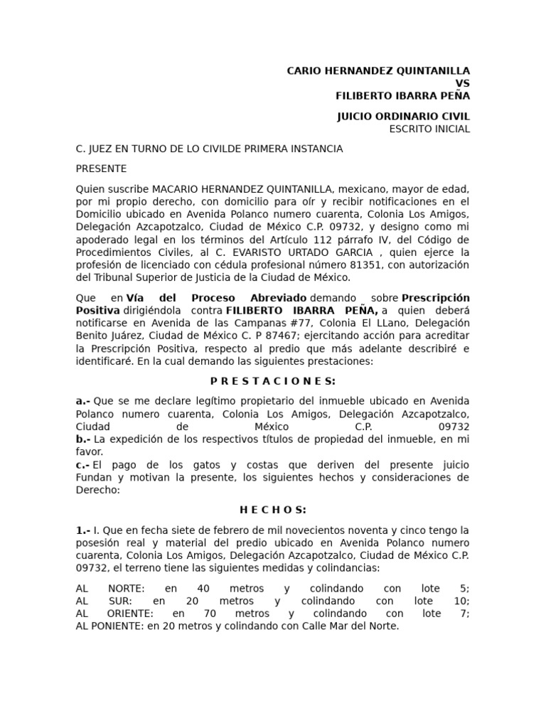 Demanda de Prescripción Positiva Civil | PDF | Posesión (Ley) | Propiedad