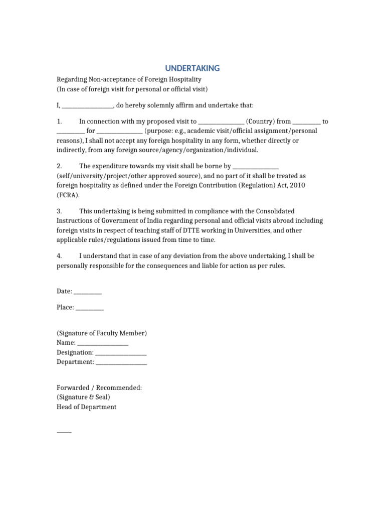 Foreign Hospitality Undertaking Form | PDF | Government | Justice