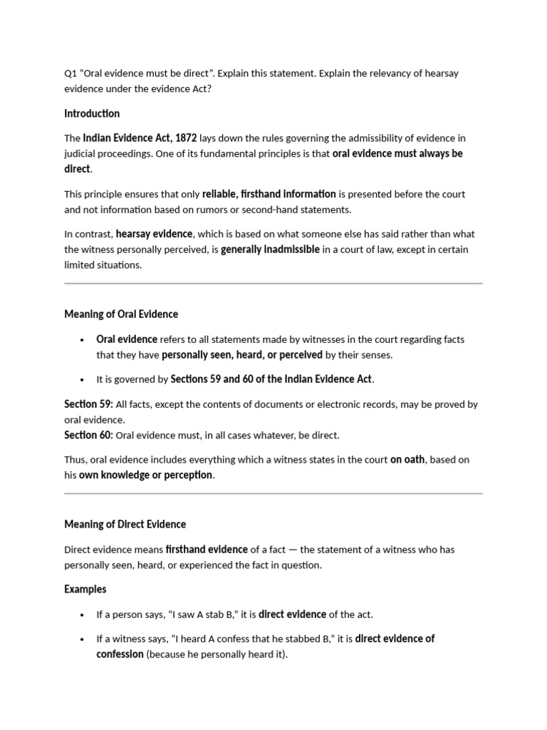 Direct Oral Evidence and Hearsay in Law | PDF | Hearsay | Witness