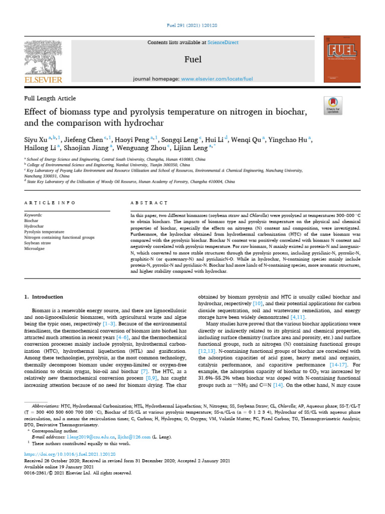 Fuel (2021) - Effect of Biomass Type and Pyrolysis Temp On N in Biochar ...