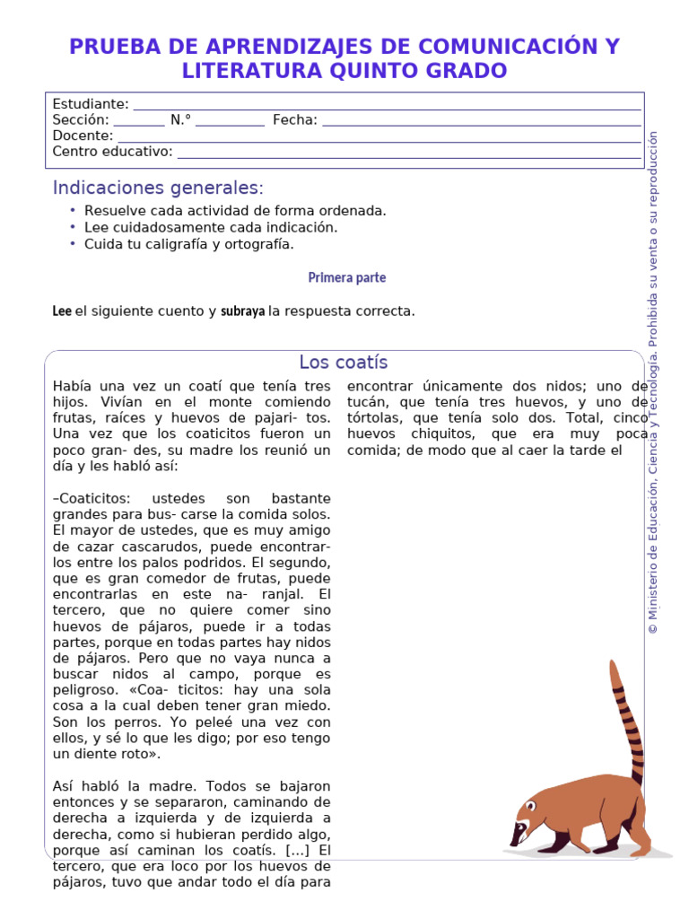 Prueba de Aprendizajes de Comunicación y Literatura Quinto Grado | PDF ...