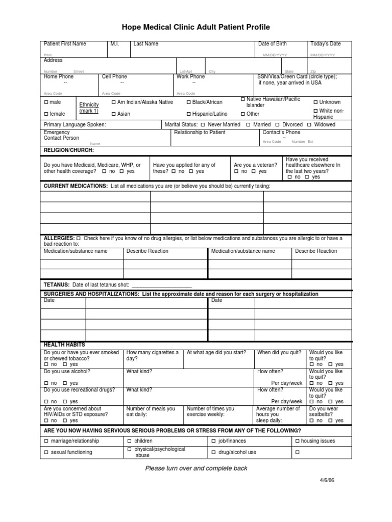 Adult Patient Profile Form Template | PDF | Substance Abuse | Alcoholism