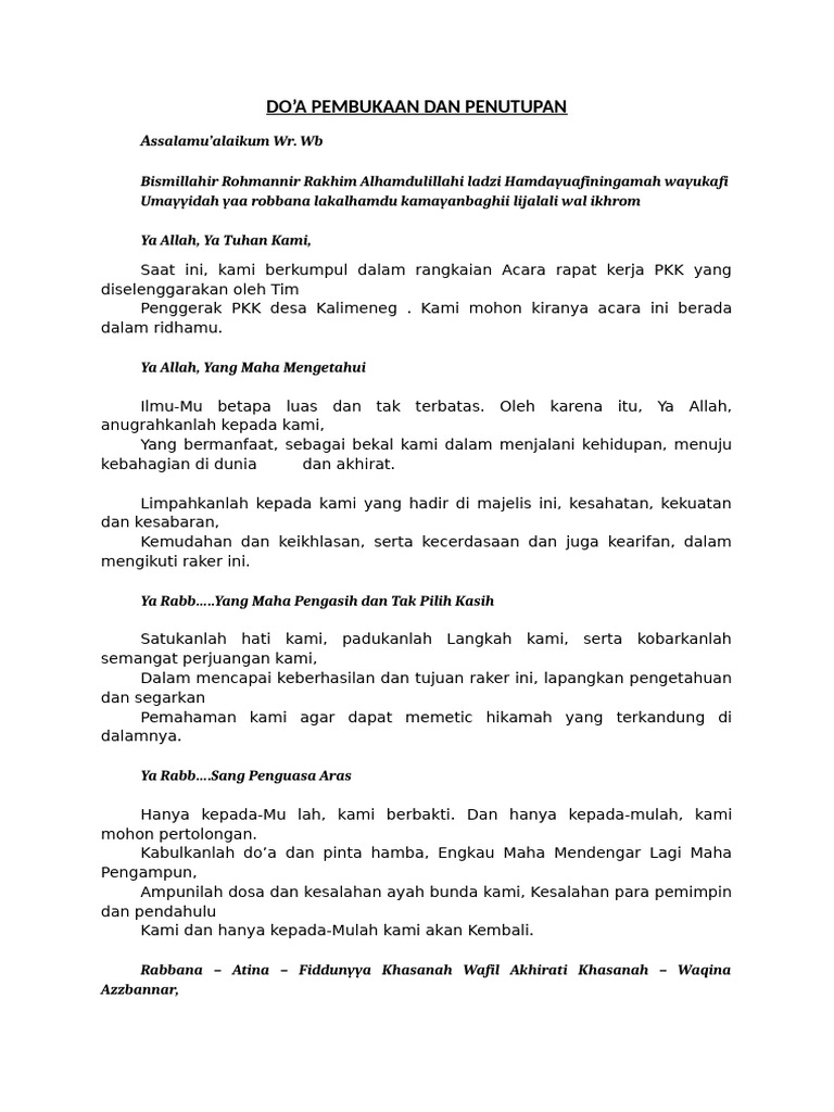 Do'a Pembukaan dan Penutupan Raker PKK | PDF