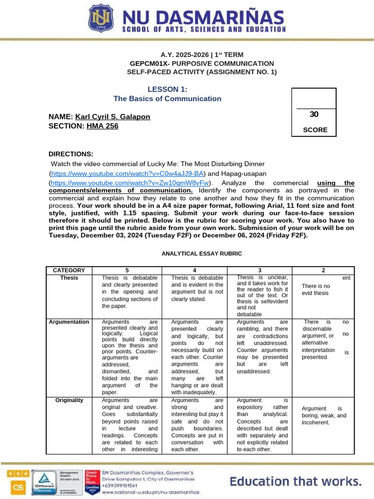 PC Lesson 1 Assignment 1 Analytical Essay | PDF | Communication ...