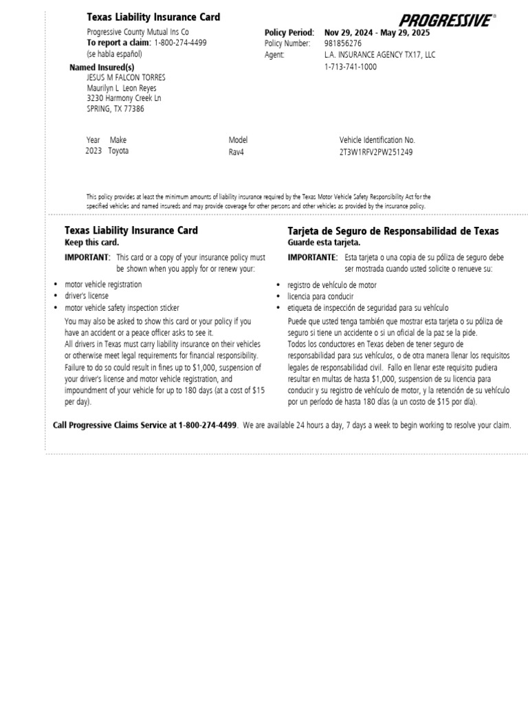 Texas Liability Insurance Card Details | PDF | Transport | Civil Law ...
