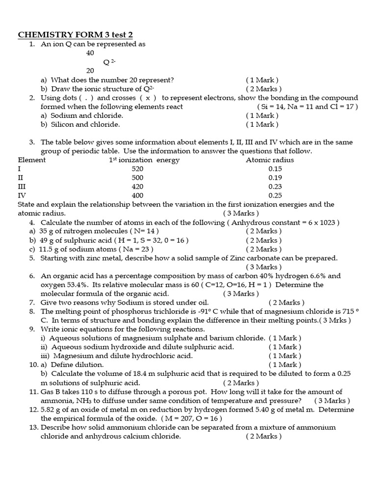 Chemistry Form 3 Test Questions | PDF | Ion | Sodium
