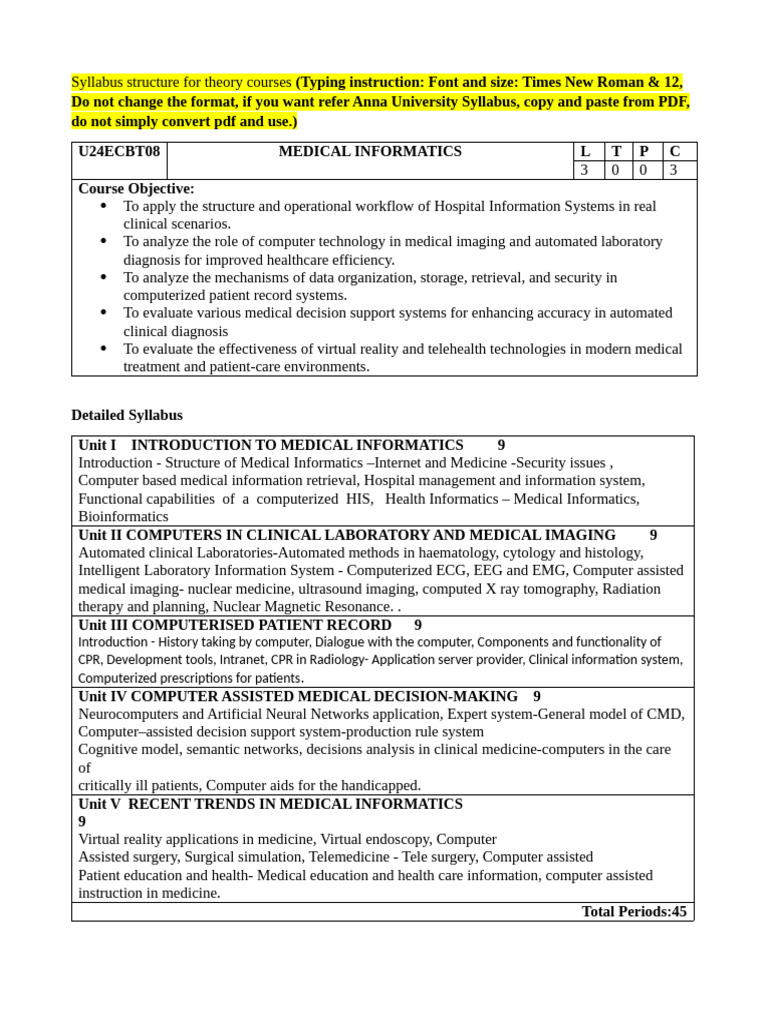 Medical Informatics Course Syllabus | PDF | Health Informatics ...