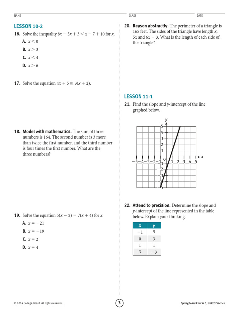 SpringBoard Course 3 Unit 2 Practice | PDF | Equations | Slope