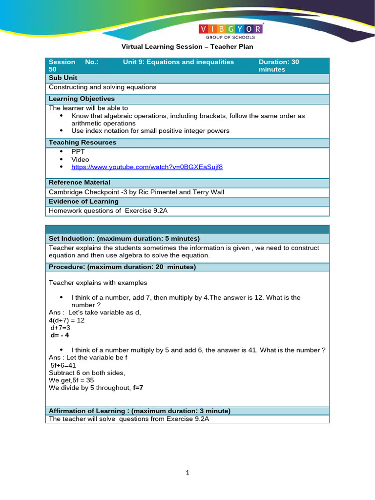 Teacher Plan: Equations & Inequalities Session | PDF