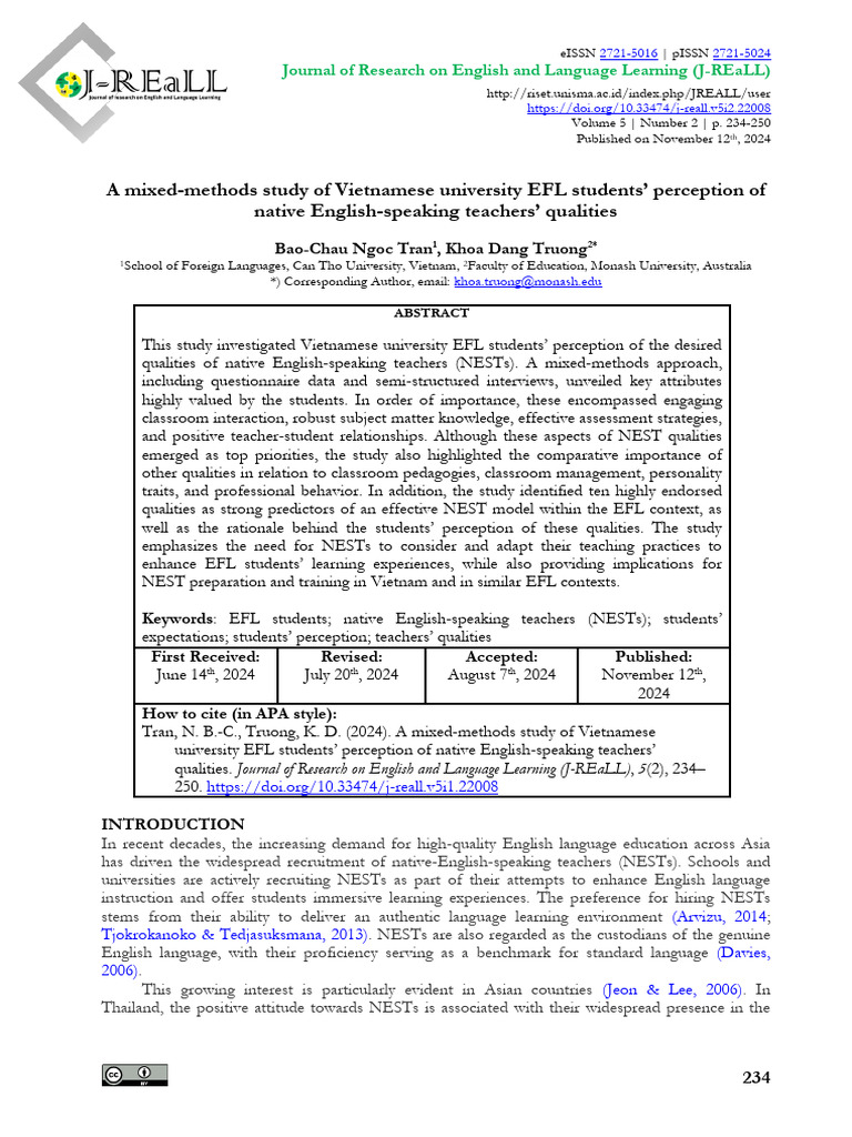 Vietnamese EFL Students' Views on NESTs | PDF | Cronbach's Alpha ...