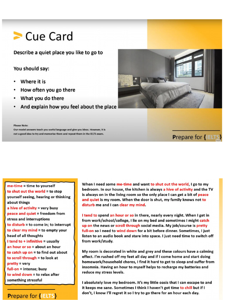 IELTS Speaking Part 2 - Describe A Quiet Place You Like To Go To PDF | PDF