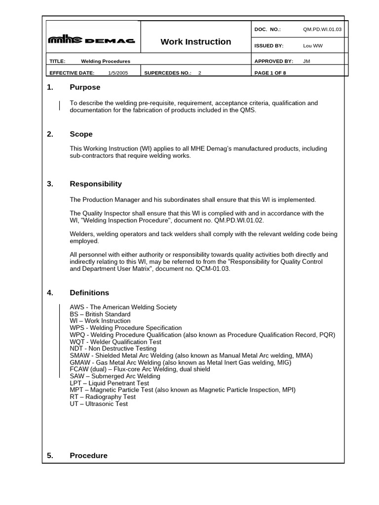 Welding Procedures Work Instruction | PDF | Welding | Construction