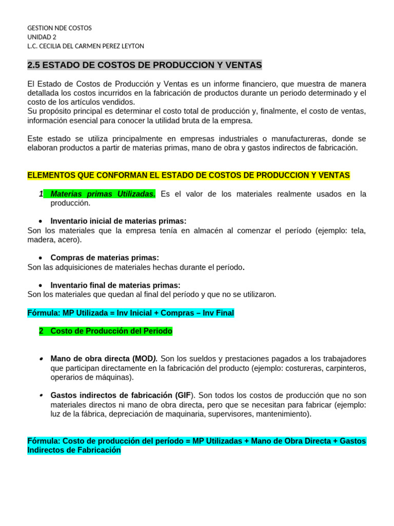 Estado de Costos de Producción y Ventas | PDF | Negocios económicos ...