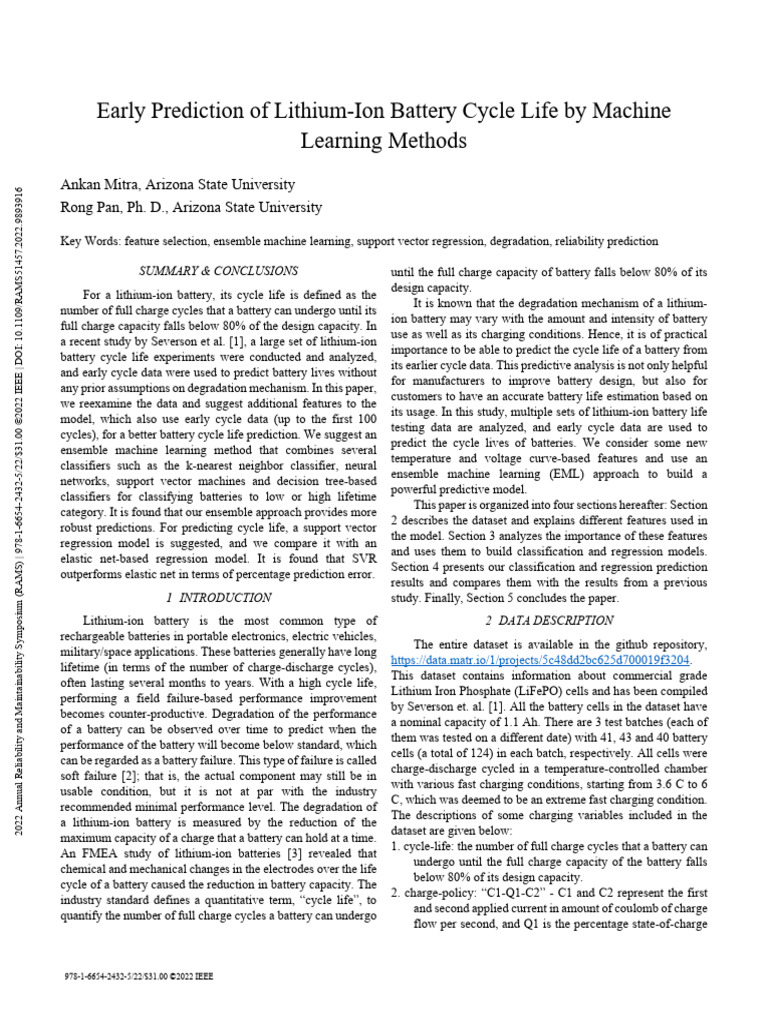 Predicting Lithium-Ion Battery Cycle Life | PDF | Support Vector ...